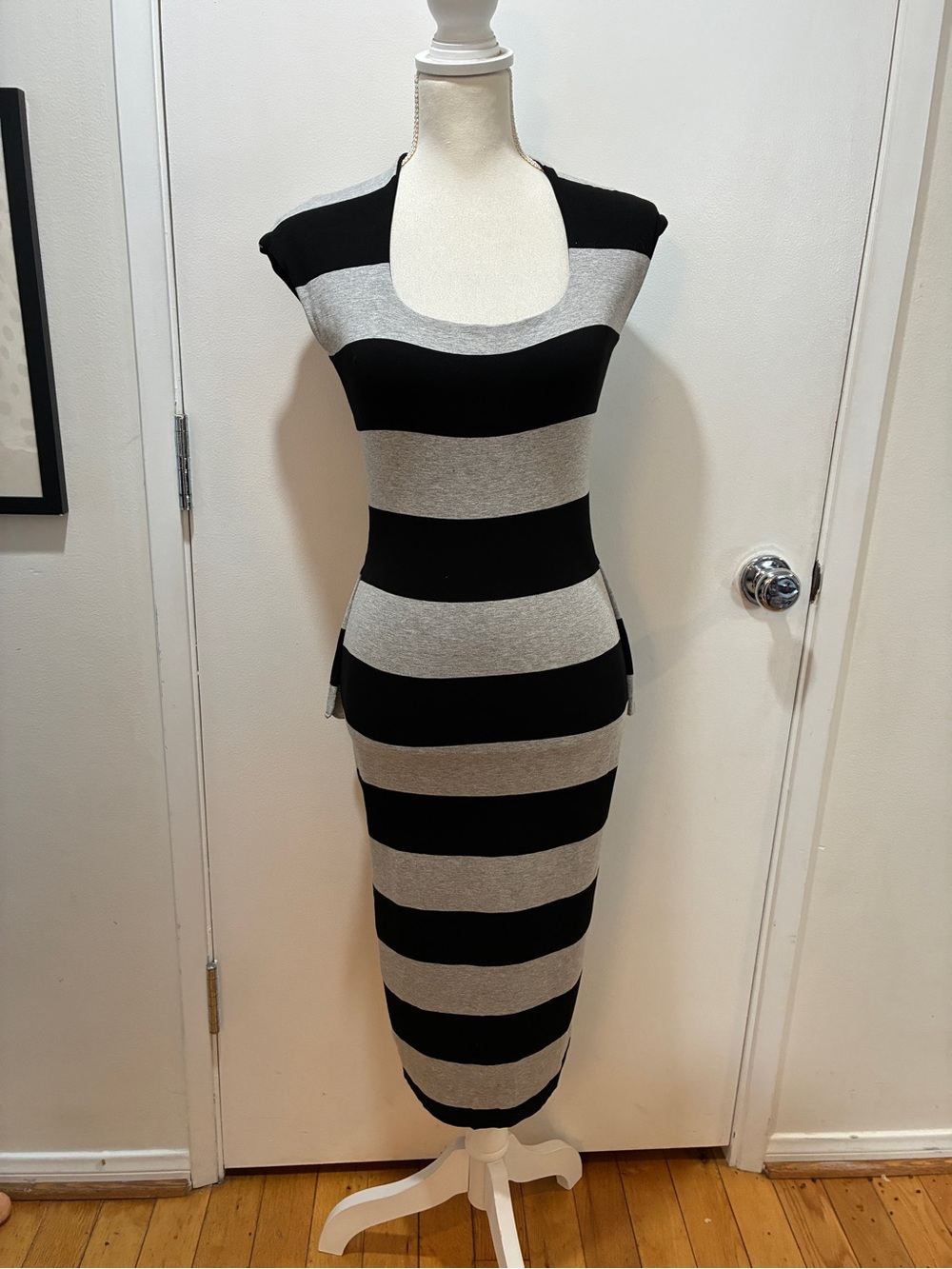 Striped midi bodycon with half peplum